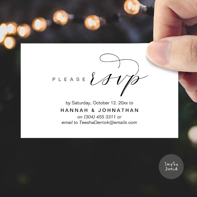 Svar på bröllop via telefon eller e-post tilläggskort (Wedding RSVP via Phone or email respond Enclosure Card, Lunch, Brunch, Dinner, Party, White Black)
