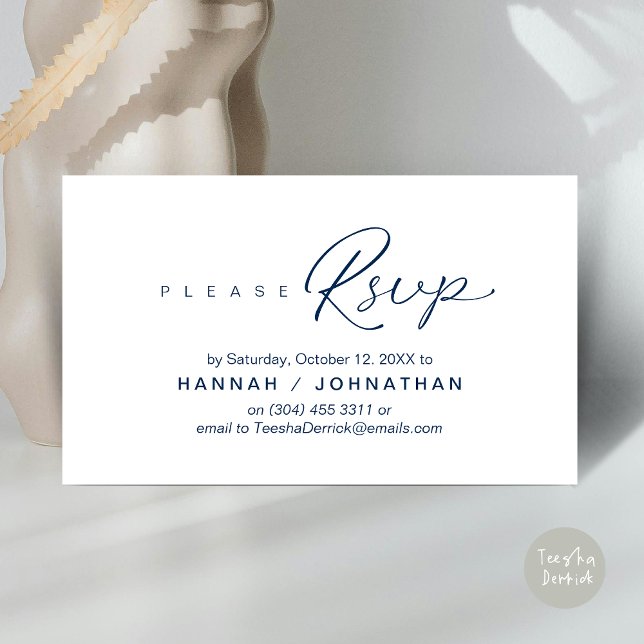 Svar på bröllop via telefon eller e-post tilläggskort (Wedding RSVP via Phone, email, website, respond, Enclosure Card, Classy Navy Blue)