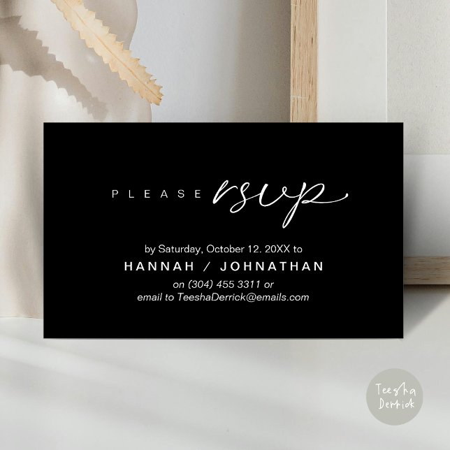 Svar på bröllop via telefon eller e-post tilläggskort (Wedding RSVP via Phone, email, website, respond, Enclosure Card, Classy Black)