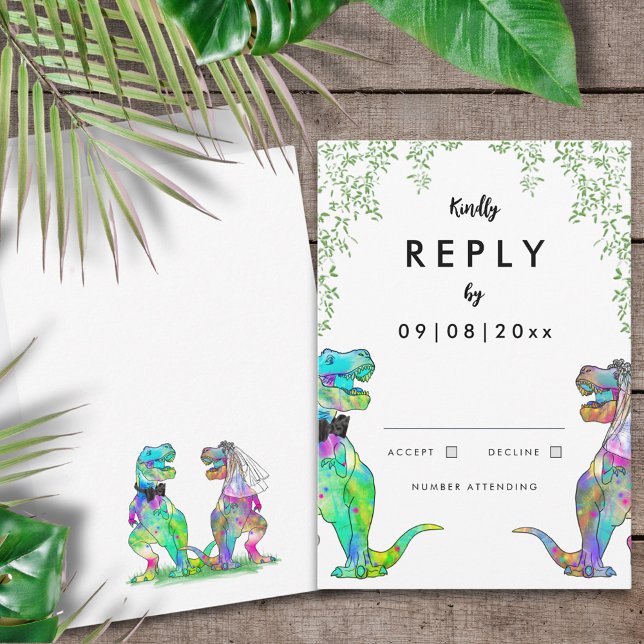 Svar på bröllopsinbjudan till dinosaurie (T-Rex bride and groom colorful dinosaur wedding invitation reply RSVP card )