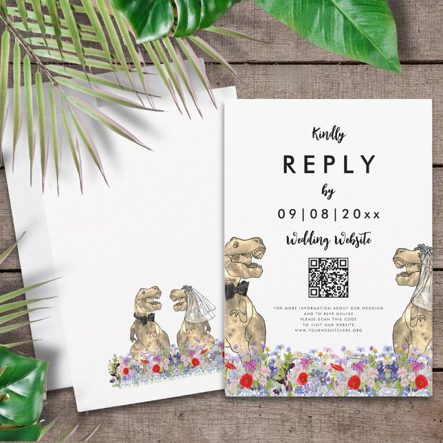 Svar på Dinosaur Theme Bröllop webbplats (T-Rex bride and groom and colorful wildflowers Dinosaur wedding reply enclosure card with QR code)