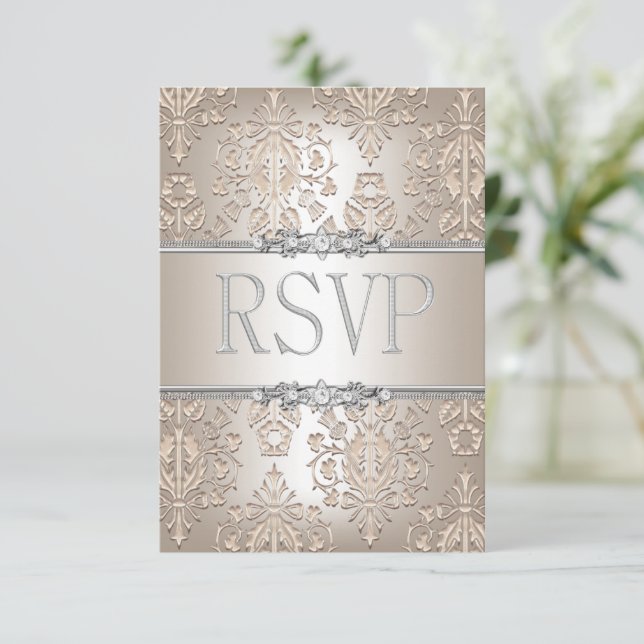 Svar på inbjudan Elegant Damask Kräm Silver Blommi (Stående Fram)