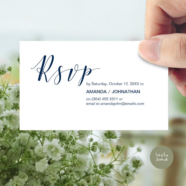 Svar på inbjudan, Modern elegant marinblå Tilläggskort (Modern Wedding RSVP Invitation Card, Online reply, Email or phone, in navy blue)