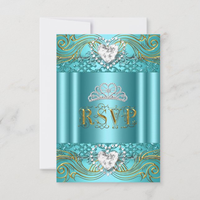 Svar på inbjudan Teal Blå Guld Quinceanera (Framsida)