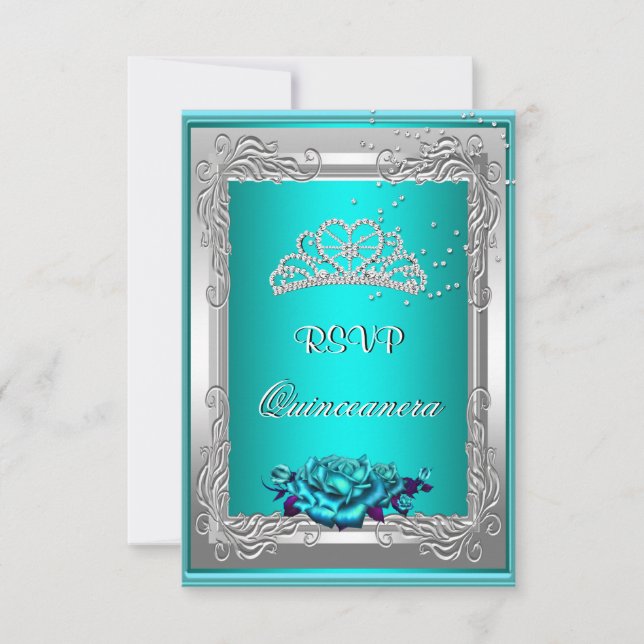 Svar på inbjudan Teal Silver Rosor Quinceanera (Framsida)
