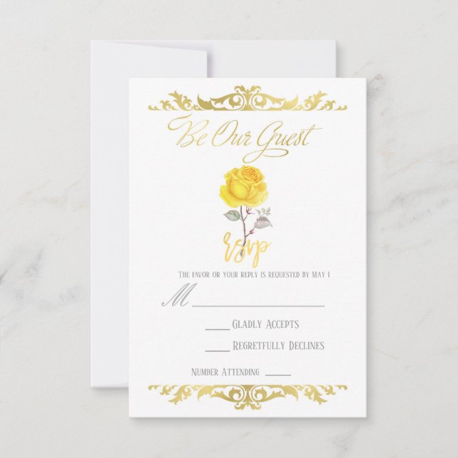 Svar på inbjudan till Yellow Rose & Elegant Gold-f (Framsida)