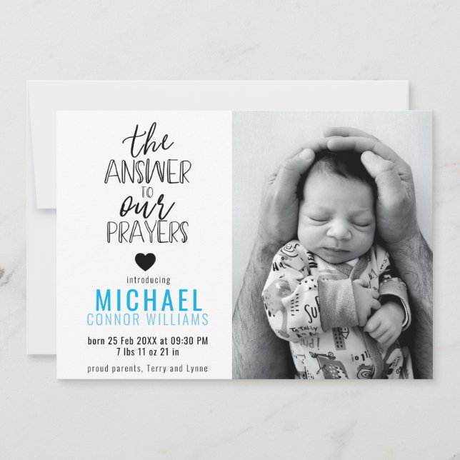 Svar på våra böner Foto Blue Boy Birth Meddelande (Framsida)
