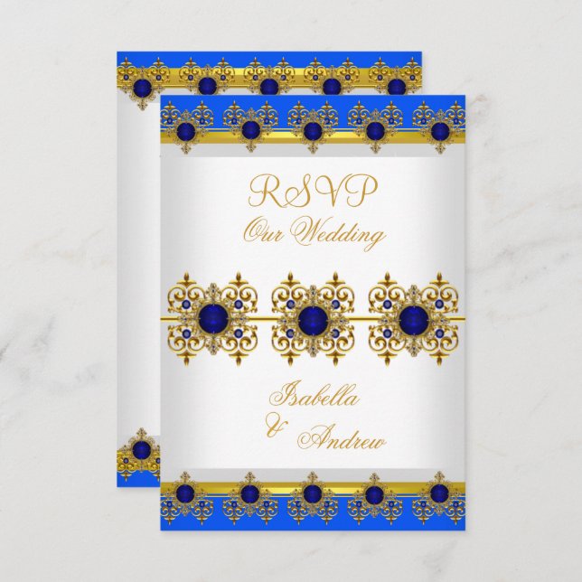 Svar RSVP Bröllop Guld Royal Blå Ädelsten Vit Inbjudningar (Fram/baksida)