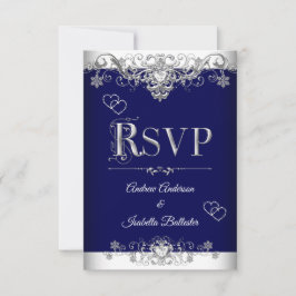 Svar RSVP Bröllop Royalblå Silver Diamant Hjärtan Inbjudningar