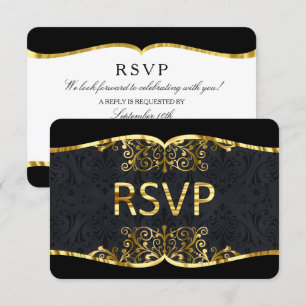 Svar RSVP Svart Guld Damask Elegant Bröllopsinbjud Inbjudningar