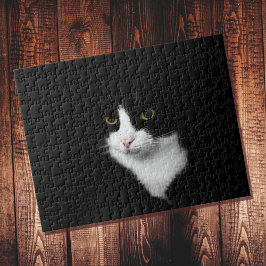 Svår svart och vit katt på enfärgat svart pussel