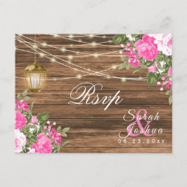 SVAR - Trä, Lykta och Rosa Blommig Bröllop Vykort