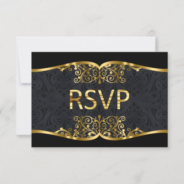 Svara Black Gold Damask Bröllopsinbjudan OSA Kort (Framsida)