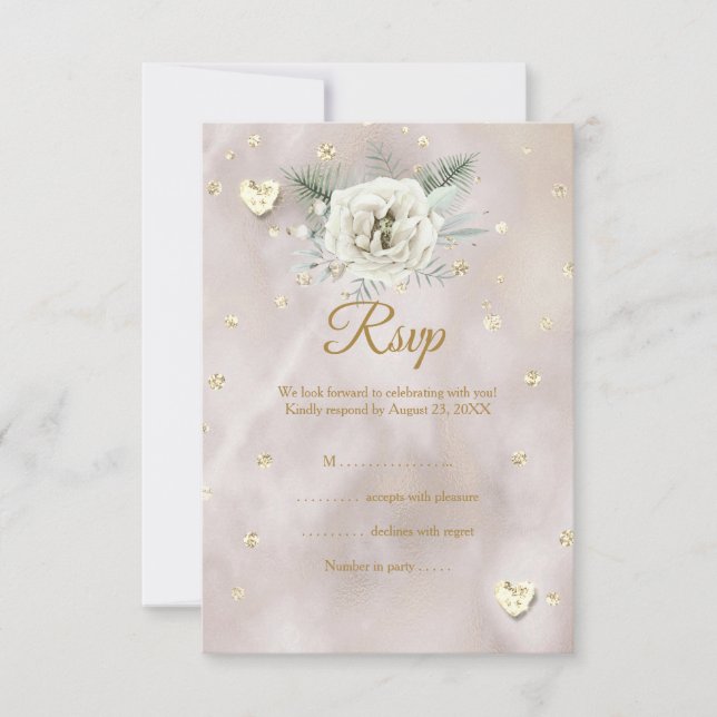 Svara Bröllop Beige Guld Vit Ros Hjärtan Glitter OSA Kort (Framsida)