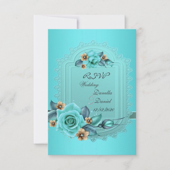 Svara Bröllop Teal Blå Beige Rosor Blommor 2 Inbjudningar (Framsida)