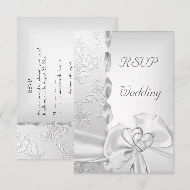 Svara Elegant Bröllop Blommig Silver Vit Båge Hjär Inbjudningar (Fram/baksida)