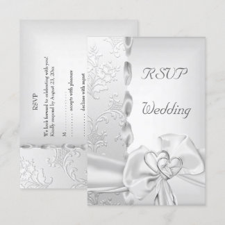 Svara Elegant Bröllop Blommig Silver Vit Båge Hjär Inbjudningar