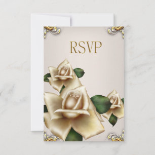 Svara Elegant Bröllop Guld Kräm Beige Rosor Inbjudningar
