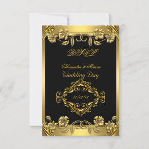 Svara elegant bröllop utsmyckad blommig svart guld OSA kort