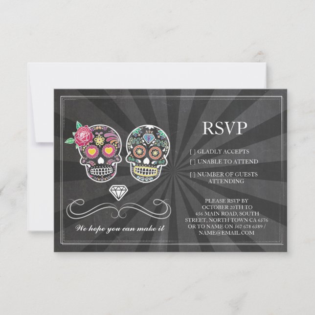 Svara med kritbröllop Rustic Sugar Skull Blommiga  Inbjudningar (Framsida)