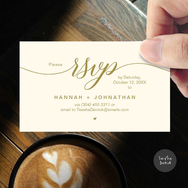 Svara på bröllop via telefon eller e-post tilläggskort (Wedding invitation RSVP via Phone or email respond reminder Enclosure Card in aesthetic yellow gold)