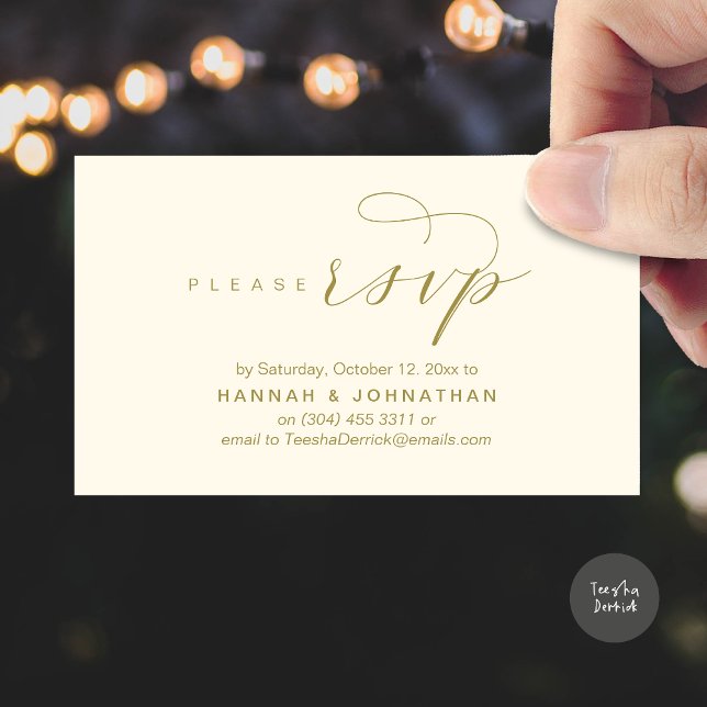 Svara på bröllop via telefon eller e-post tilläggskort (Wedding RSVP via Phone or email respond Enclosure Card, Dinner, Lunch, Brunch, Party, Yellow Gold)