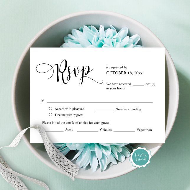 Svara på bröllopsinbjudan, OSA för målalternativ,  Tilläggskort (Modern Wedding Invitation RSVP card, with meal options, accept, decline and number attending.)