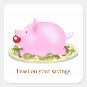 Svara på din sparbank Piggy Bank on Plate of Money Fyrkantigt Klistermärke