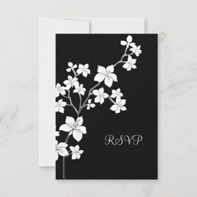 Svara på födelsedag asiatisk svart blommig vit inbjudningar (Framsida)