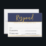 Svara på RSVP modern enkel marinblå guld OSA Kort<br><div class="desc">En enkel design för dina RSVP-svarskort - för att matcha dina huvudinbjudningar. 
Gillar designen,  men vill se några ändringar - ett annat färgschema,  produkt,  lägg till ett foto eller anpassat för ett annat tillfälle - ingen fara,  kontakta mig bara,  KAT@SIMPLYSWEETPAPERIE.COM
Jag är glad att hjälpa till!</div>