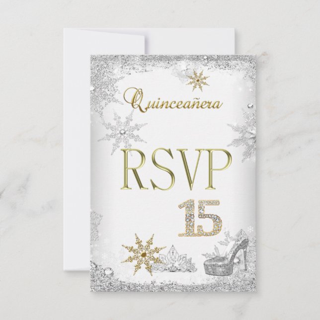 Svara Quinceanera 15 Silver Vit Guld Elite OSA Kort (Framsida)