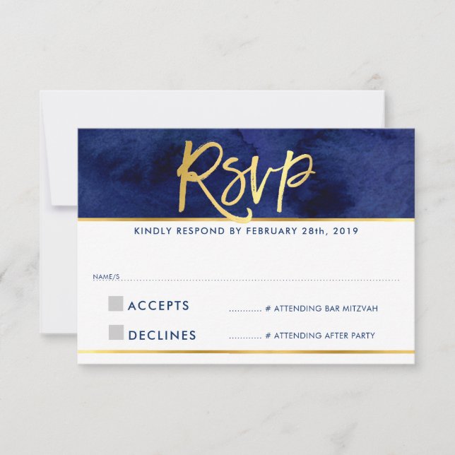 Svara RSVP modern blå akvarell guldskrift OSA Kort (Framsida)