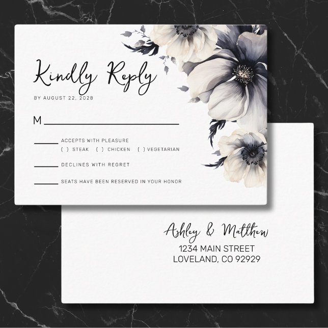 Svara RSVP Svart Vit Blommig Bröllop Tilläggskort (Cute Elegant Floral Reply RSVP Black White Wedding Enclosure Card)