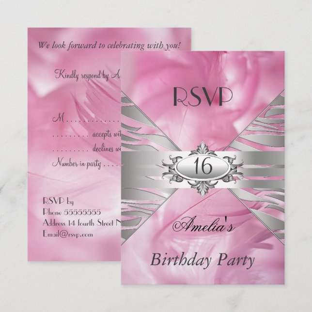 Svara Sweet 16 Rosa Inbjudningar (Fram/baksida)