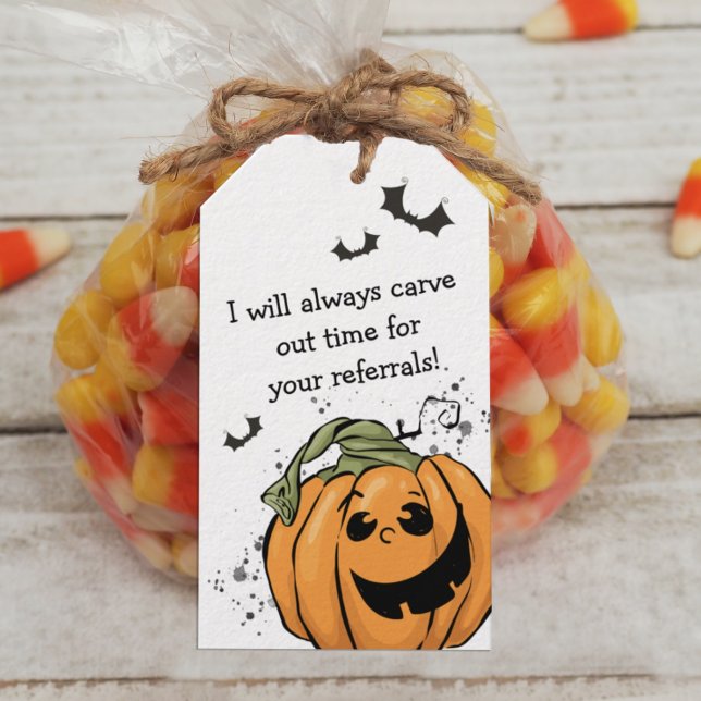 Svara tid för dina hänskjutningar Halloween Presentetikett (Carve out Time for Your Referrals Personalized Pop By Tag)