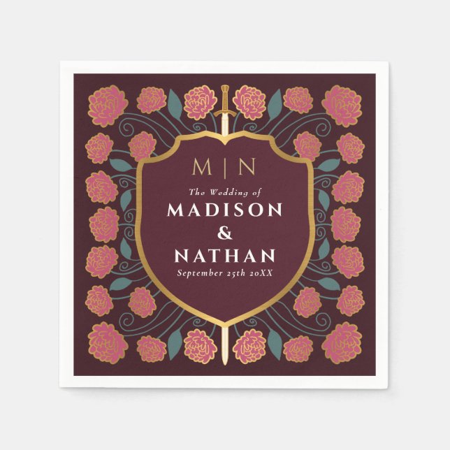 Svärd & Sköld Medeltida Fantasy Monogram Bröllop Pappersservett (Framsidan)