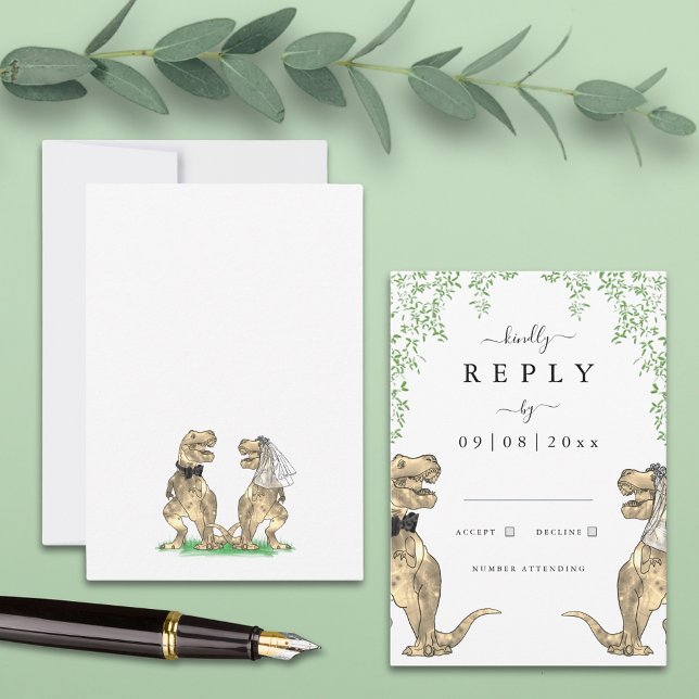 Svaret från Dinosaur Bride och Groom Botanical Brö OSA Kort (T-Rex bride and groom botanical dinosaur wedding invitation rsvp enclosure card)