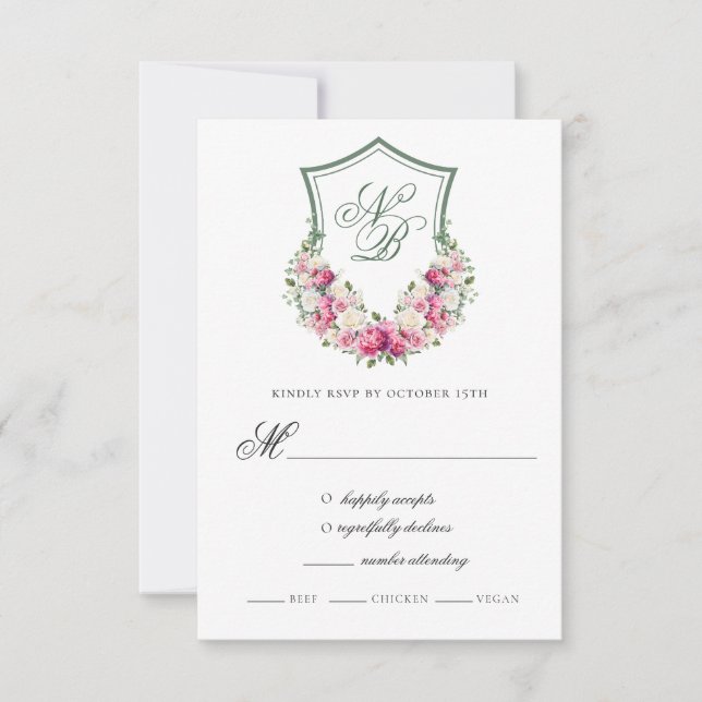 Svaret kort för bröllop med rosa blommig kransdeko (Framsida)