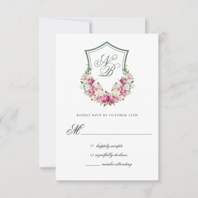 Svaret kort för bröllop med rosa blommig kransdeko (Framsida)