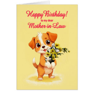 Svärmor Birthday Puppy and Flowers Hälsningskort