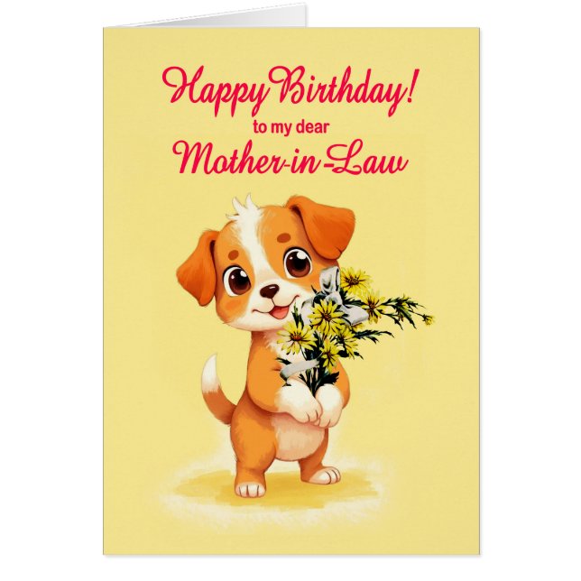Svärmor Birthday Puppy and Flowers Hälsningskort (Framsidan)