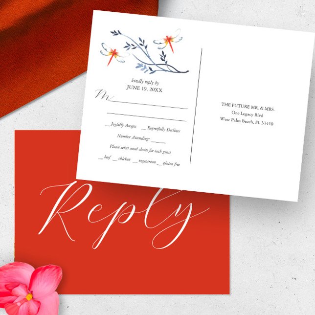 Svarsbrev Val av meny för bröllopslunch/dinner (Wedding rsvp card features unique red dragonfly and botanical watercolor art by Victoria Grigaliunas)