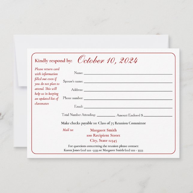 Svarsformulär för återförening av klassen Varsity  Inbjudningar (Framsida)