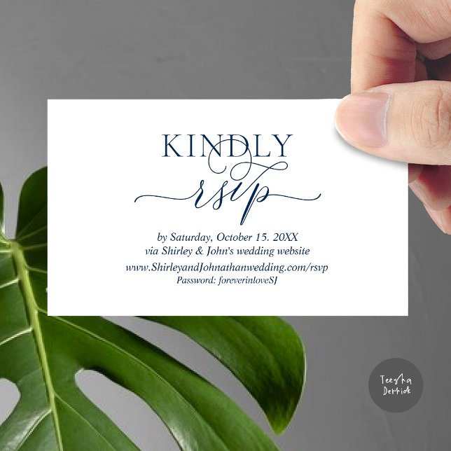 Svarska för ankomst Bröllopsinbjudan, via webbplat Tilläggskort (Modern RSVP Wedding Invitation, via Website Enclosure Card, Phone, email, Navy Blue)