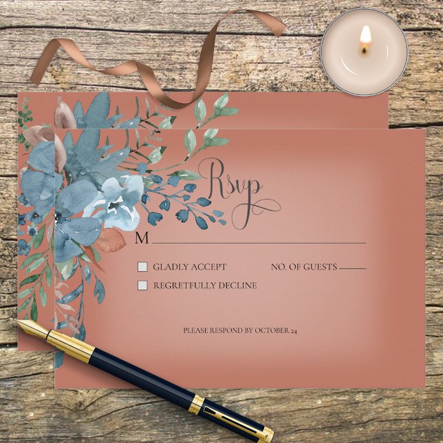 Svarskort Boho Rust & Blue Blommigt Bröllop OSA Kort (Skapare uppladdad)