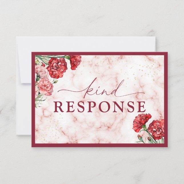 Svarskort Bröllop för blommigt Red Marble Script OSA Kort (Framsida)