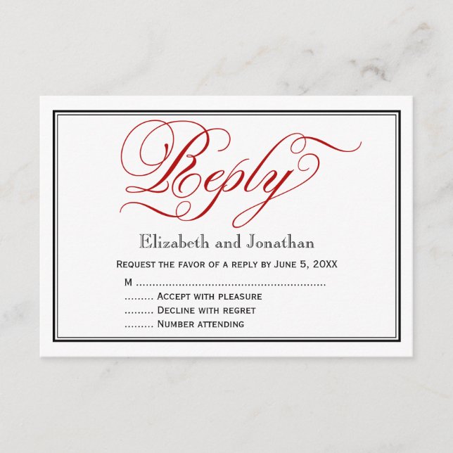 Svarskort Bröllop i chic Red Calligraphy Script OSA Kort (Framsida)