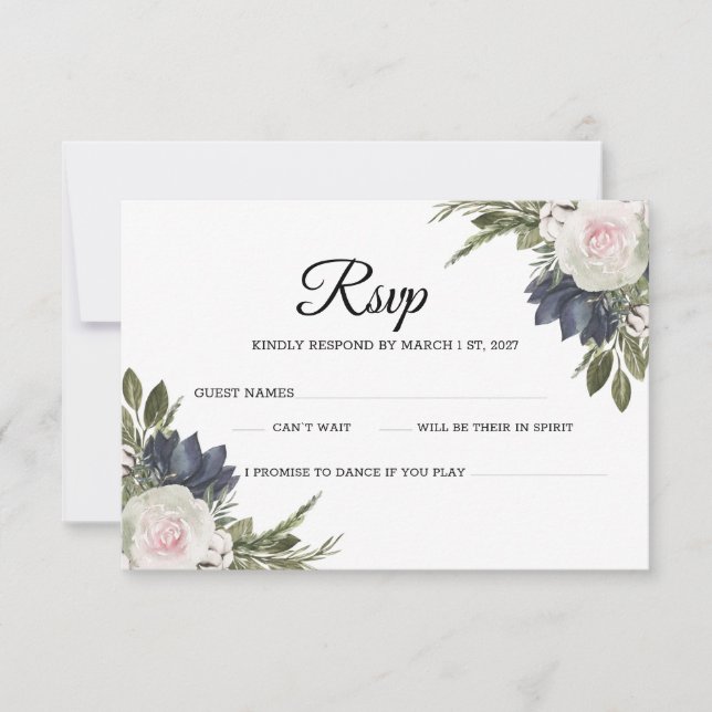Svarskort elegant Blommigt Blue, Rosa Bröllop OSA Kort (Framsida)