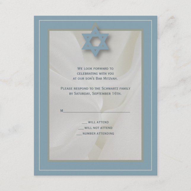 Svarskort elegant Fabric Pub Mitzvah i blått OSA Kort (Framsida)