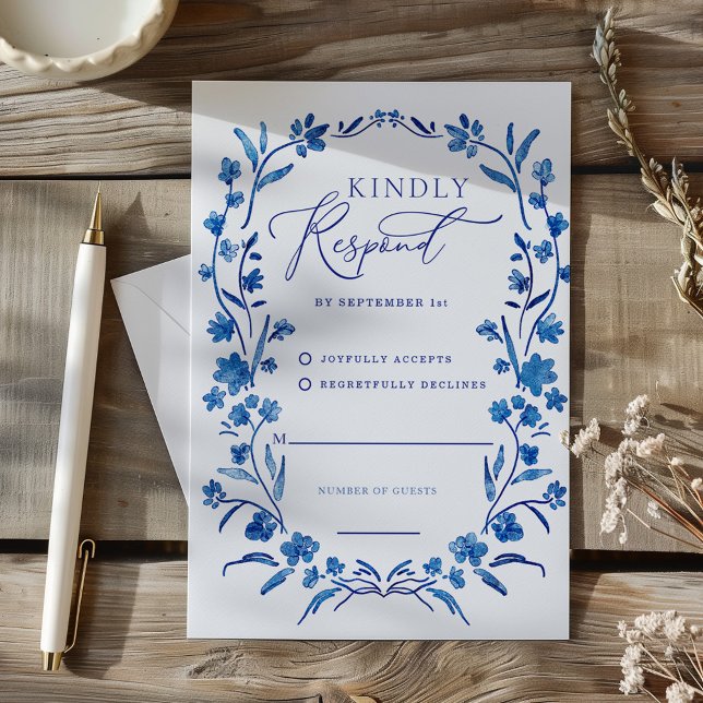 Svarskort för blåfärgad Blommigt Ram OSA Kort (Blue Floral Watercolor Frame Response Card RSVP)